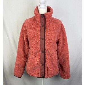 LL Bean Sherpa Fleece Jacket Snap Up Sz Small-Regular Coral Pink Collar Pocket